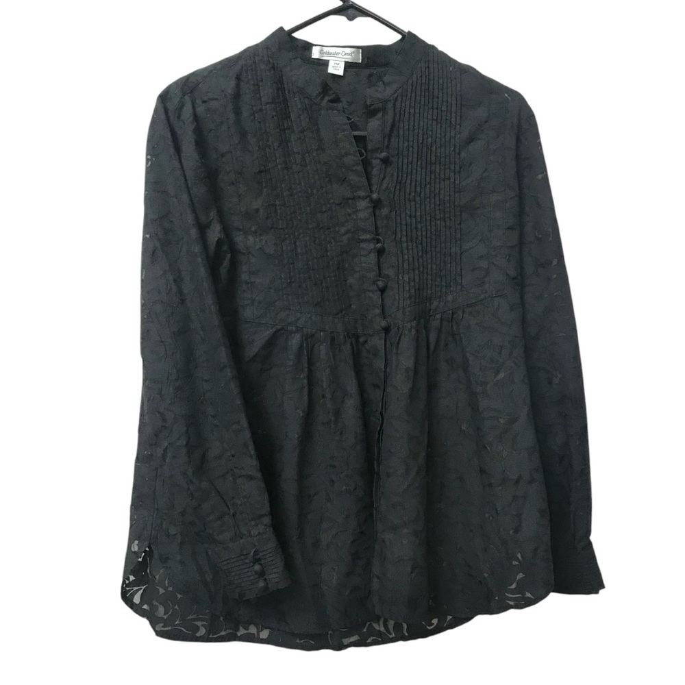 Coldwater Creek Black Sheer Burnout Pleated Bodice Blouse top shirt size PM MP